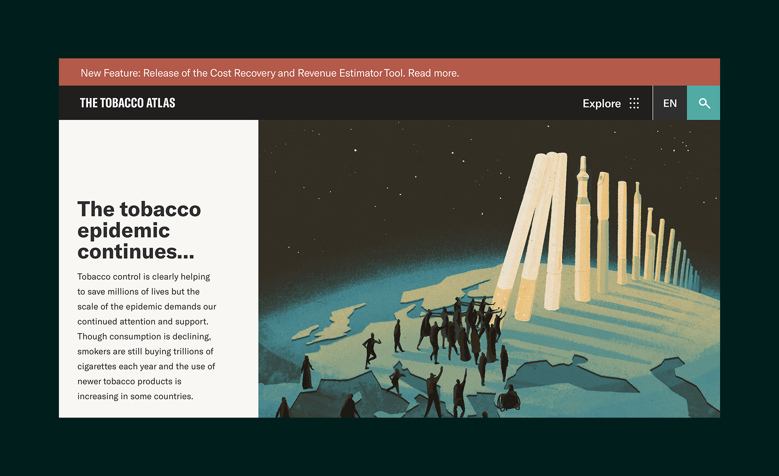 Illustration of a group of people on a world map facing a row of giant cigarettes standing like dominoes, symbolizing the ongoing tobacco epidemic.