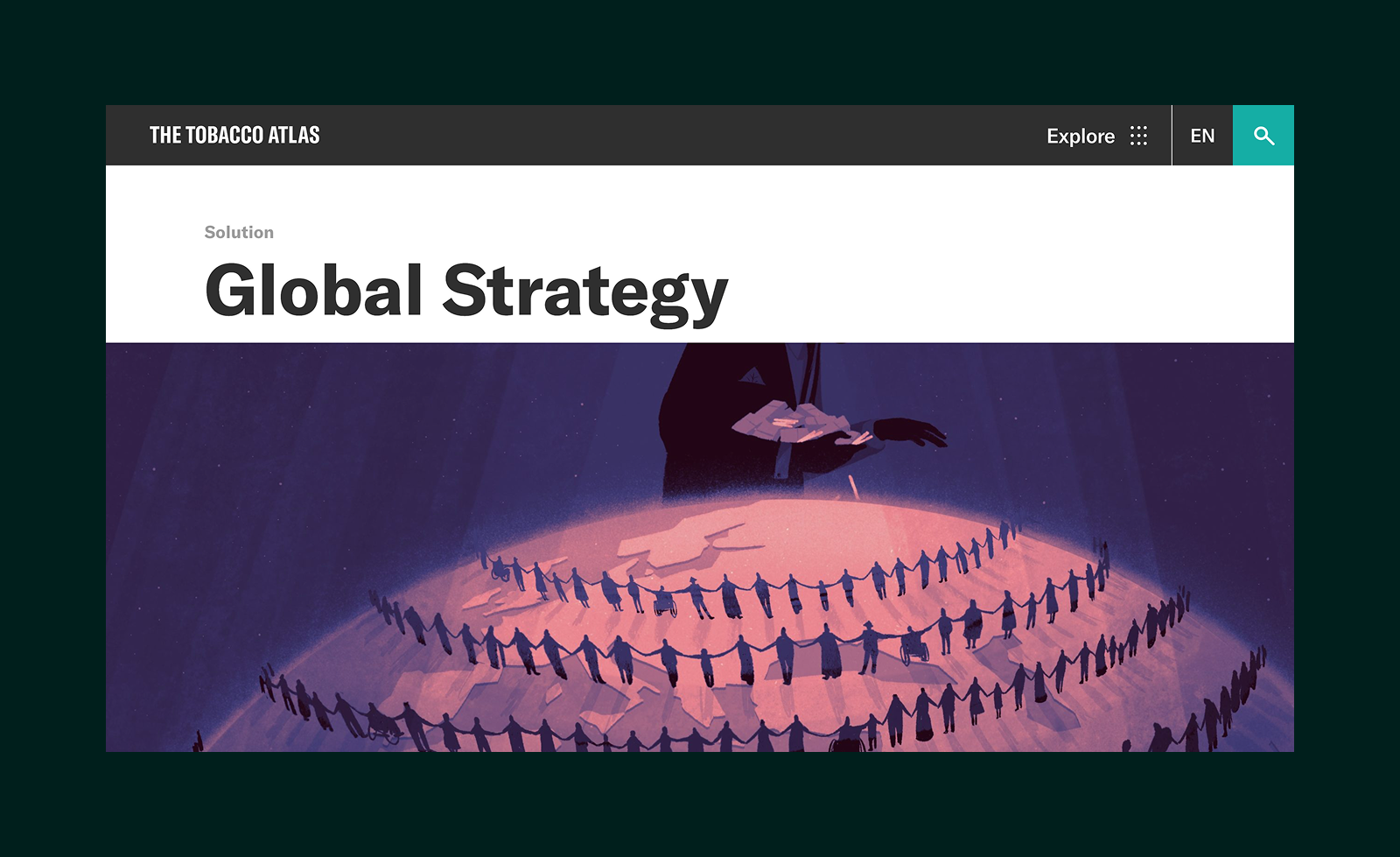 Illustration of diverse people holding hands in concentric circles around a globe with a person in a suit overseeing above.