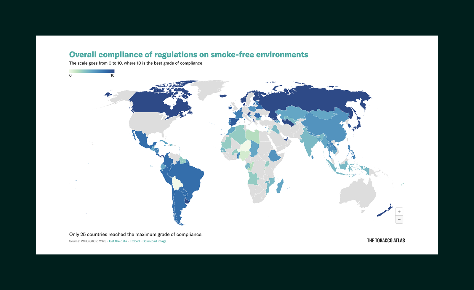 World map showing overall compliance of regulations on smoke-free environments, with a color gradient from light green to dark blue representing compliance scores from 0 to 10.