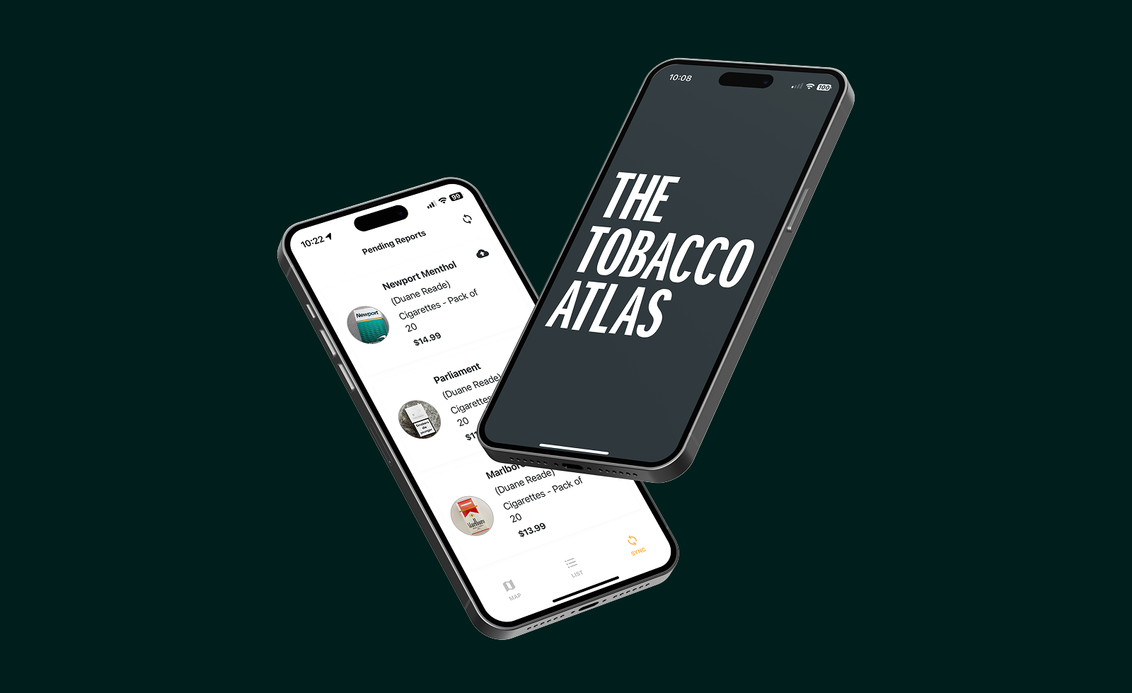 Two smartphones floating with one showing 'THE TOBACCO ATLAS' text on screen and the other displaying a list of cigarette brands with prices.