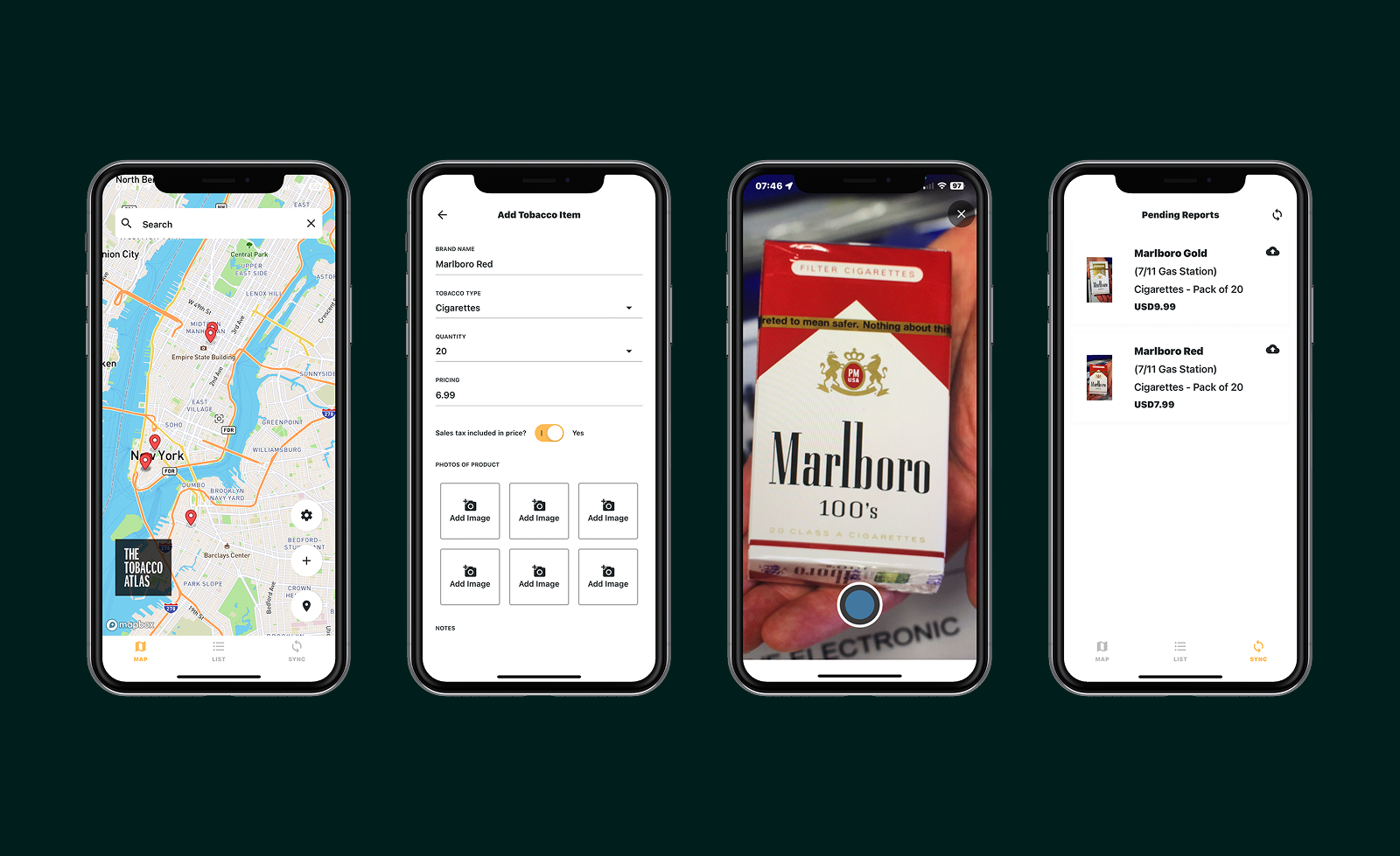Four smartphone screens showing an app with a New York map marked for tobacco locations, a form to add Marlboro Red cigarettes with quantity and price, a photo capture screen of Marlboro 100's pack, and a pending reports list with cigarette brands and prices.