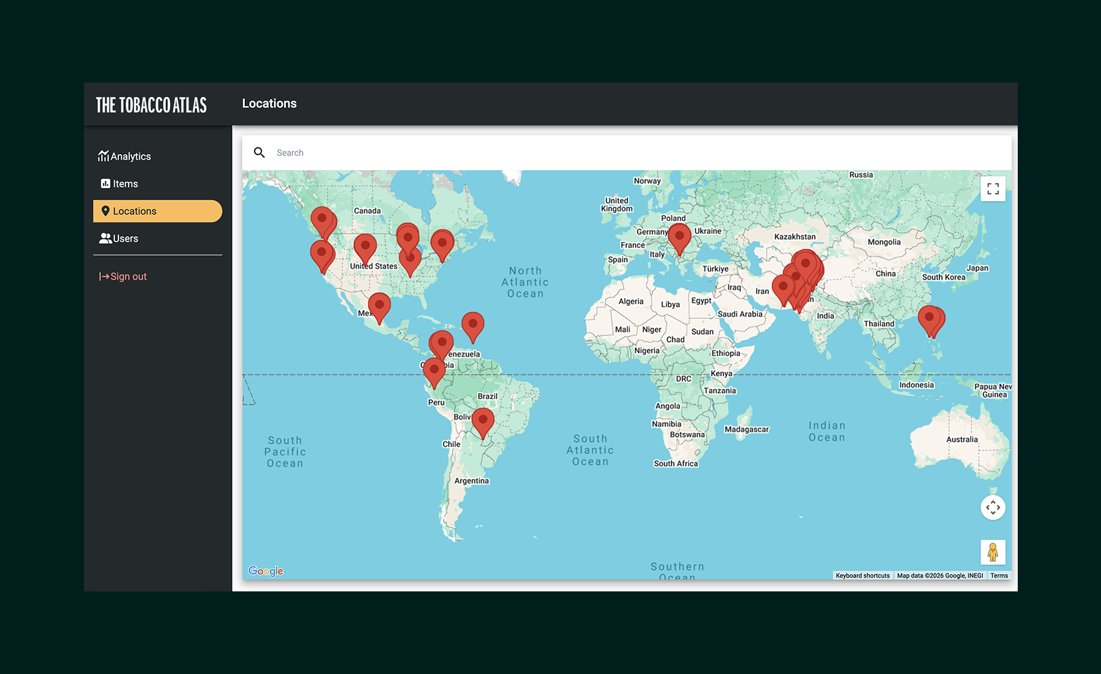 World map interface from The Tobacco Atlas showing multiple red location markers across the United States, Central and South America, Europe, India, and East Asia.
