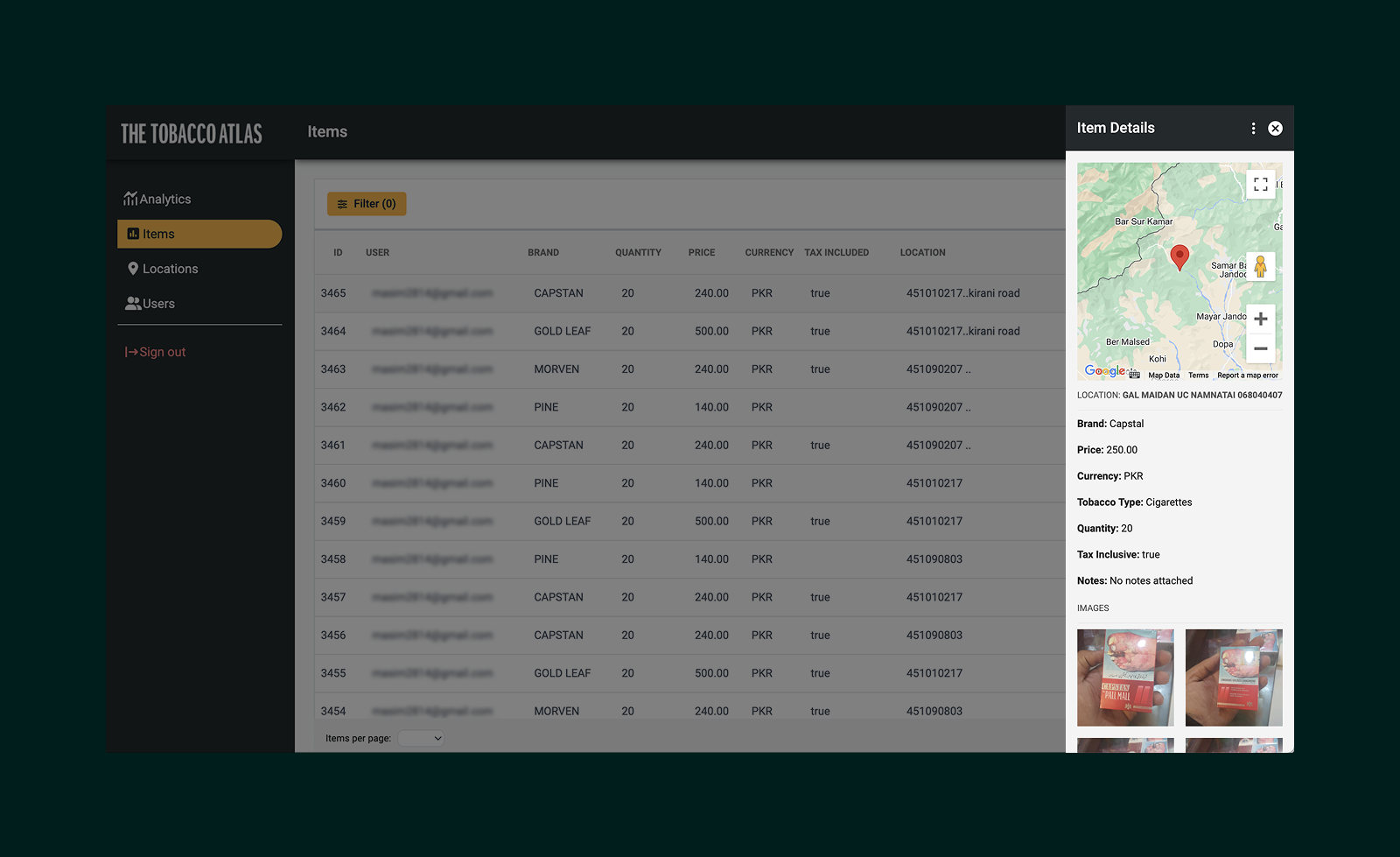 Dashboard interface of The Tobacco Atlas showing a list of tobacco product items with details such as brand, quantity, price, currency, tax included, and location, alongside a map pinpointing a specific location with item details and product images on the right panel.