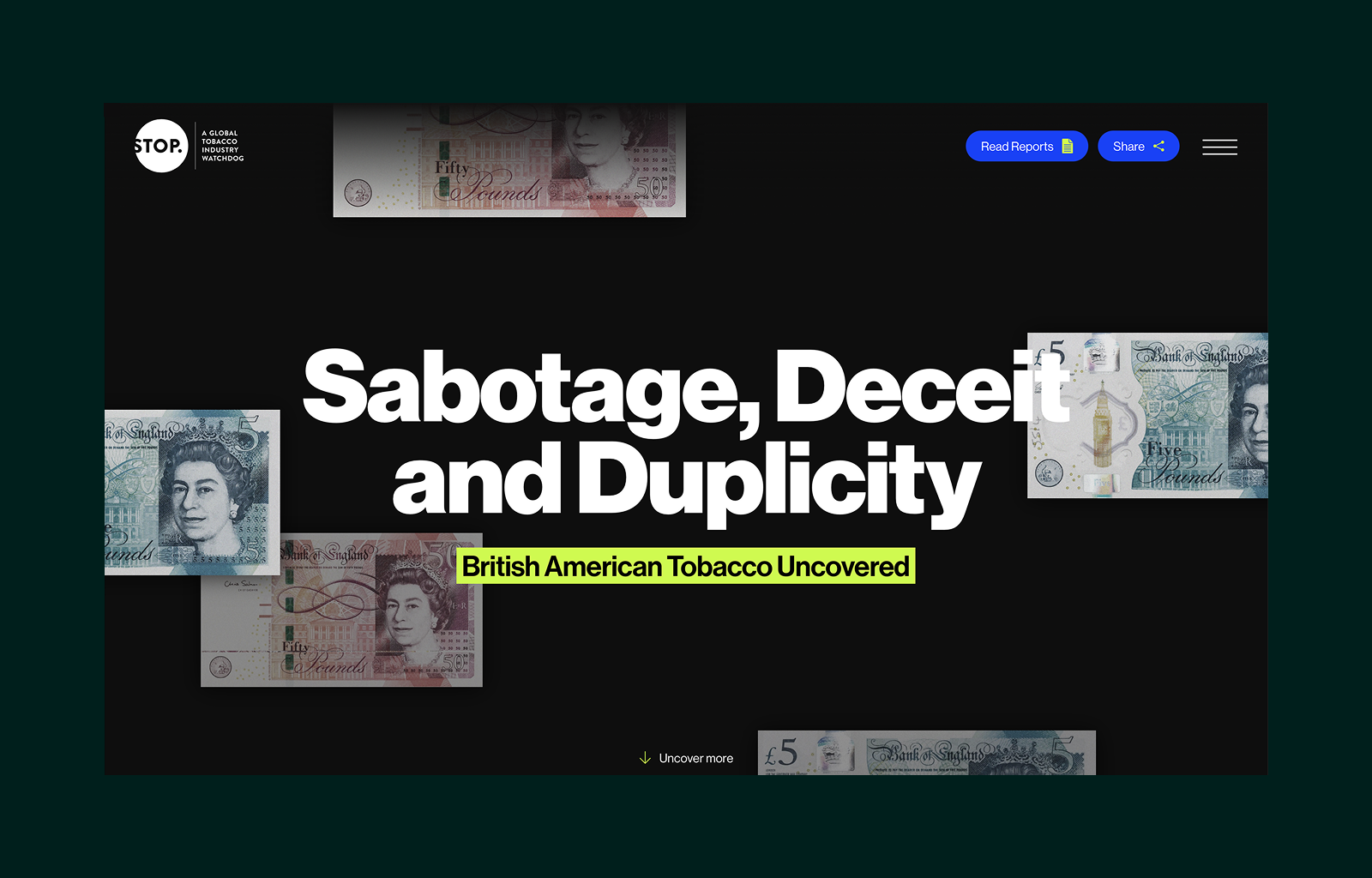 Website header with text 'Sabotage, Deceit and Duplicity' and subtitle 'British American Tobacco Uncovered' overlaid on images of British pound banknotes.