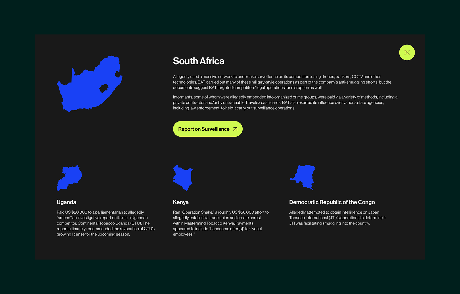 Map outlines of South Africa, Uganda, Kenya, and Democratic Republic of the Congo with text describing alleged surveillance and corruption activities by BAT in each country.