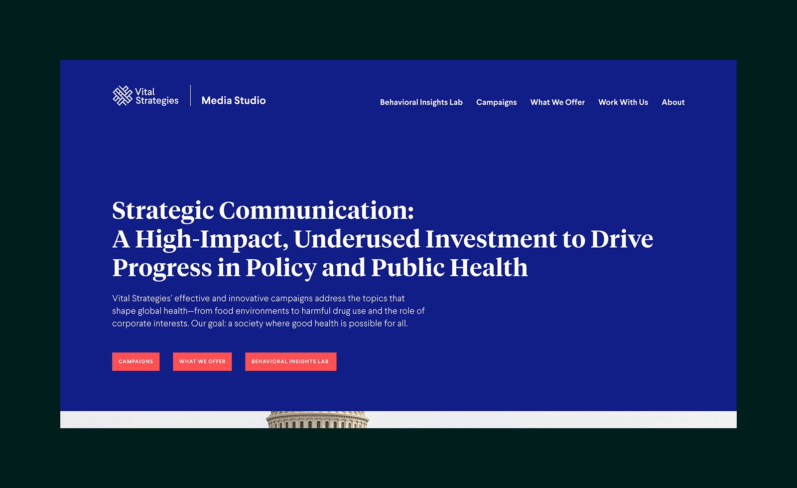 Website header for Vital Strategies Media Studio with title about strategic communication for public health and navigation links.