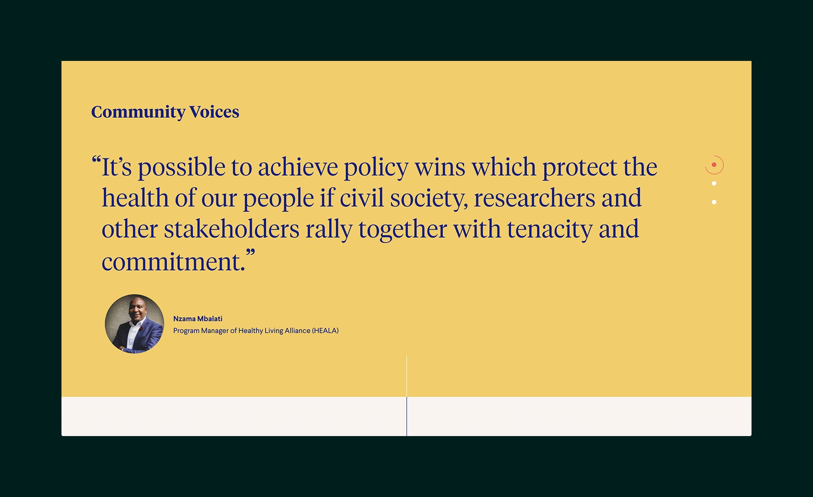 Quote from Nzama Mbalati, Program Manager of Healthy Living Alliance, about achieving policy wins through civil society, researchers, and stakeholders working with tenacity and commitment.