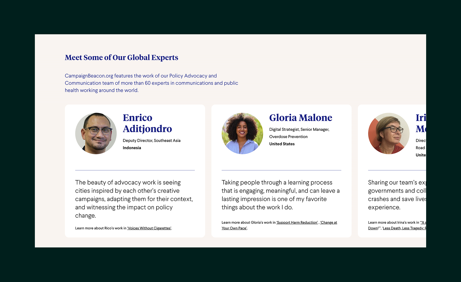 Profiles of global experts Enrico Aditjondro from Indonesia and Gloria Malone from United States with photos, titles, and brief quotes about their advocacy work.