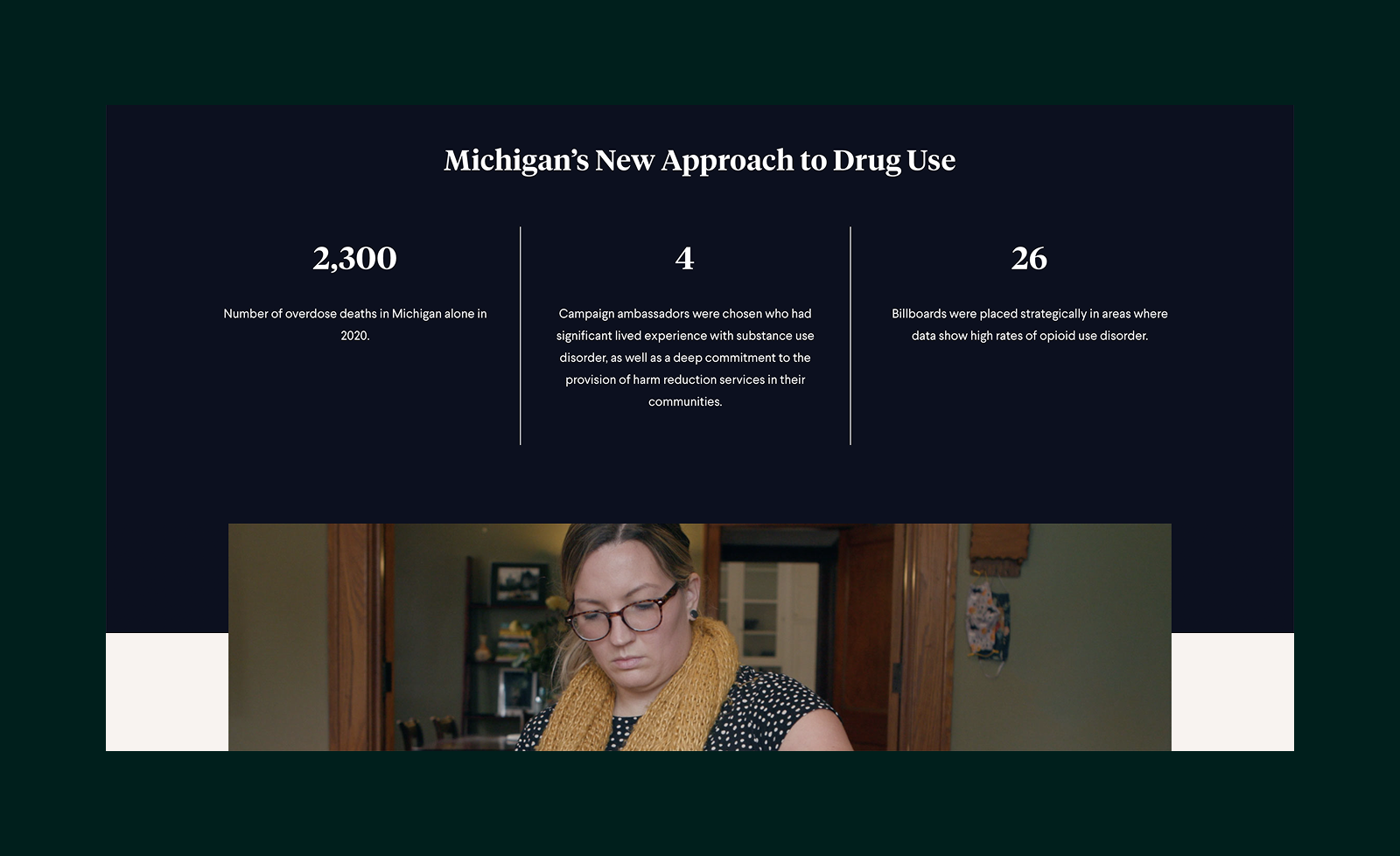 Infographic titled 'Michigan’s New Approach to Drug Use' showing three statistics: 2,300 overdose deaths in Michigan in 2020, 4 campaign ambassadors with lived experience, and 26 billboards placed in areas with high opioid use disorder rates.