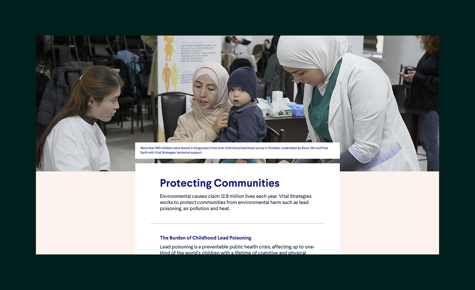 Healthcare worker preparing to test a young child held by a woman wearing a headscarf during a child blood lead level survey in Kyrgyzstan.