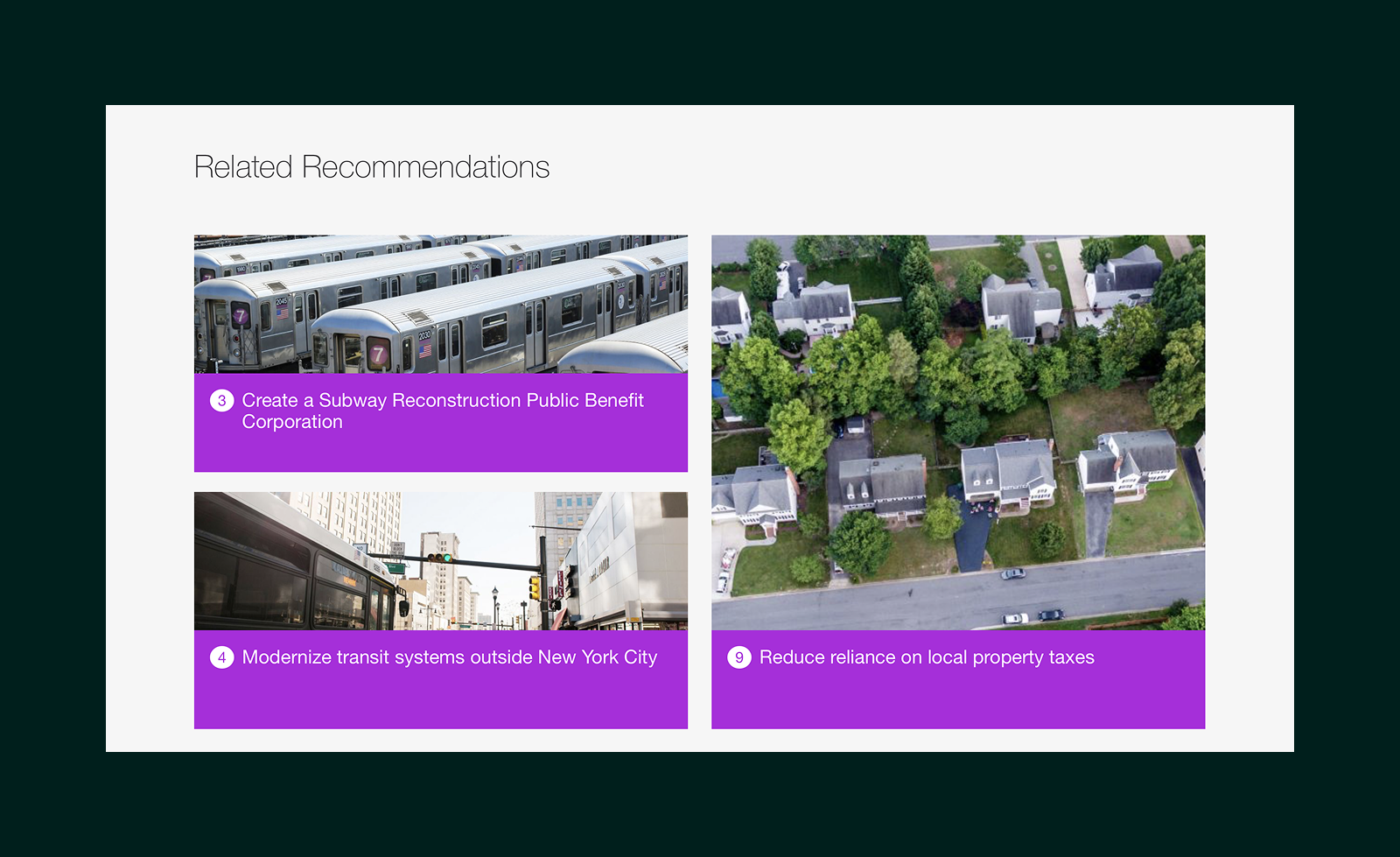 Related Recommendations section with images and titles: subway trains with 'Create a Subway Reconstruction Public Benefit Corporation,' city bus with 'Modernize transit systems outside New York City,' and aerial view of suburban houses with 'Reduce reliance on local property taxes.'
