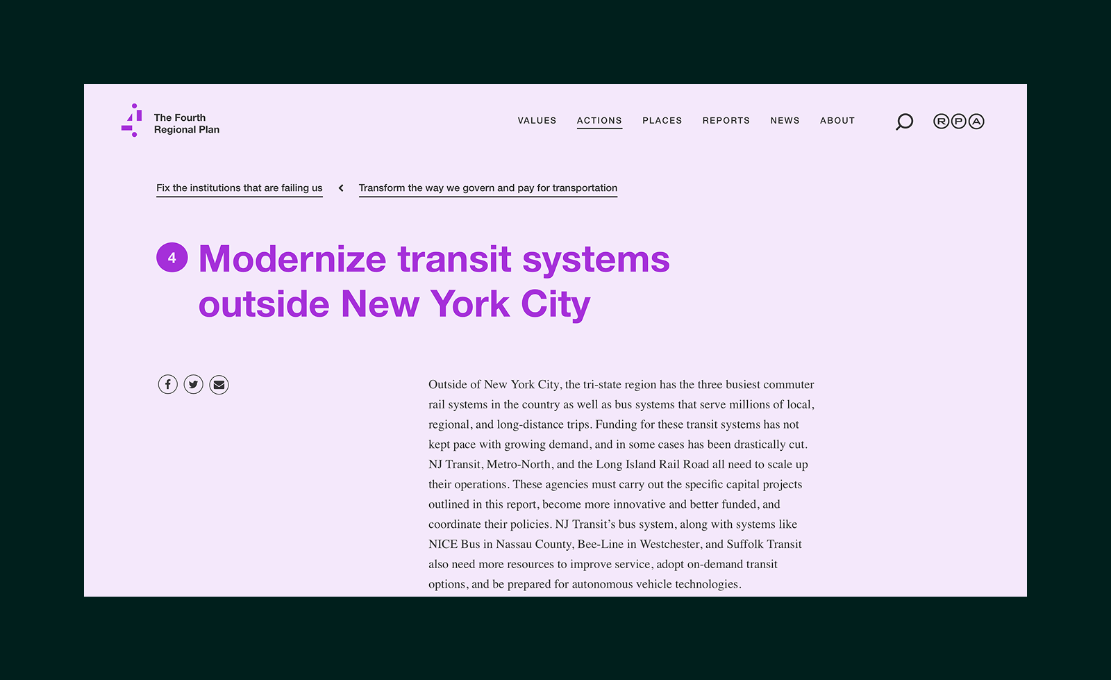 Webpage titled 'Modernize transit systems outside New York City' with text detailing the need to improve commuter rail and bus systems in the tri-state region.