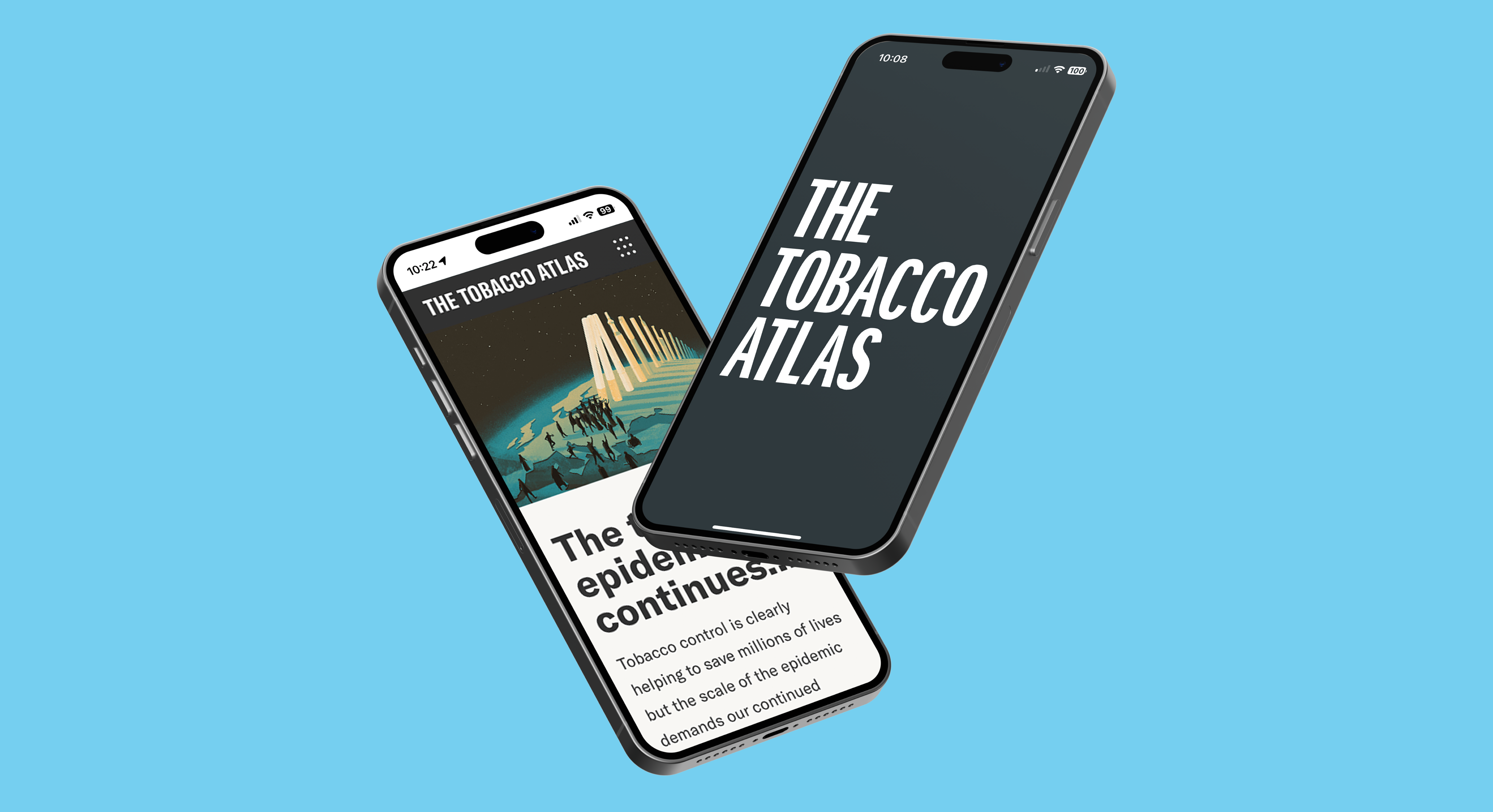 Two smartphones against blue background displaying The Tobacco Atlas app; one shows the app cover and the other shows part of an article on tobacco epidemic.