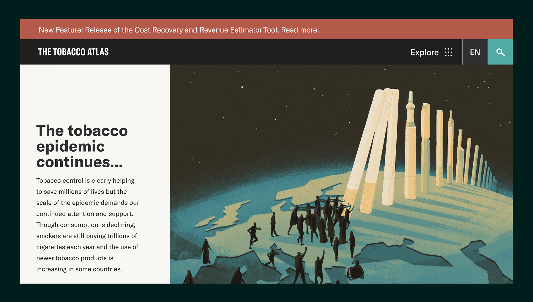 Website header titled The Tobacco Atlas with message about the ongoing tobacco epidemic and an illustration of large cigarette dominos standing on a world map with silhouetted people.