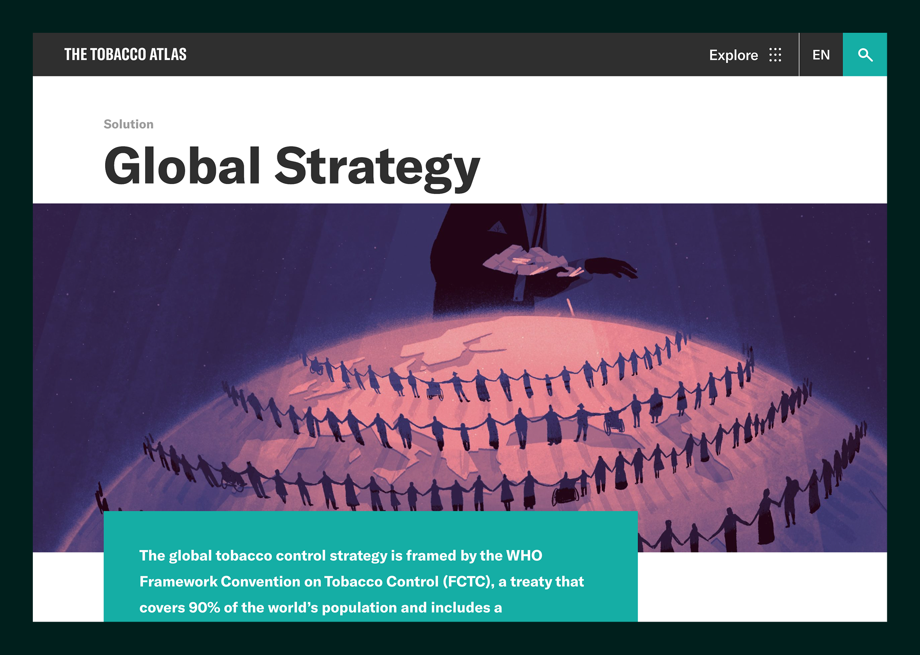 Illustration of diverse people holding hands in concentric circles around a glowing earth with a large figure overseeing above.