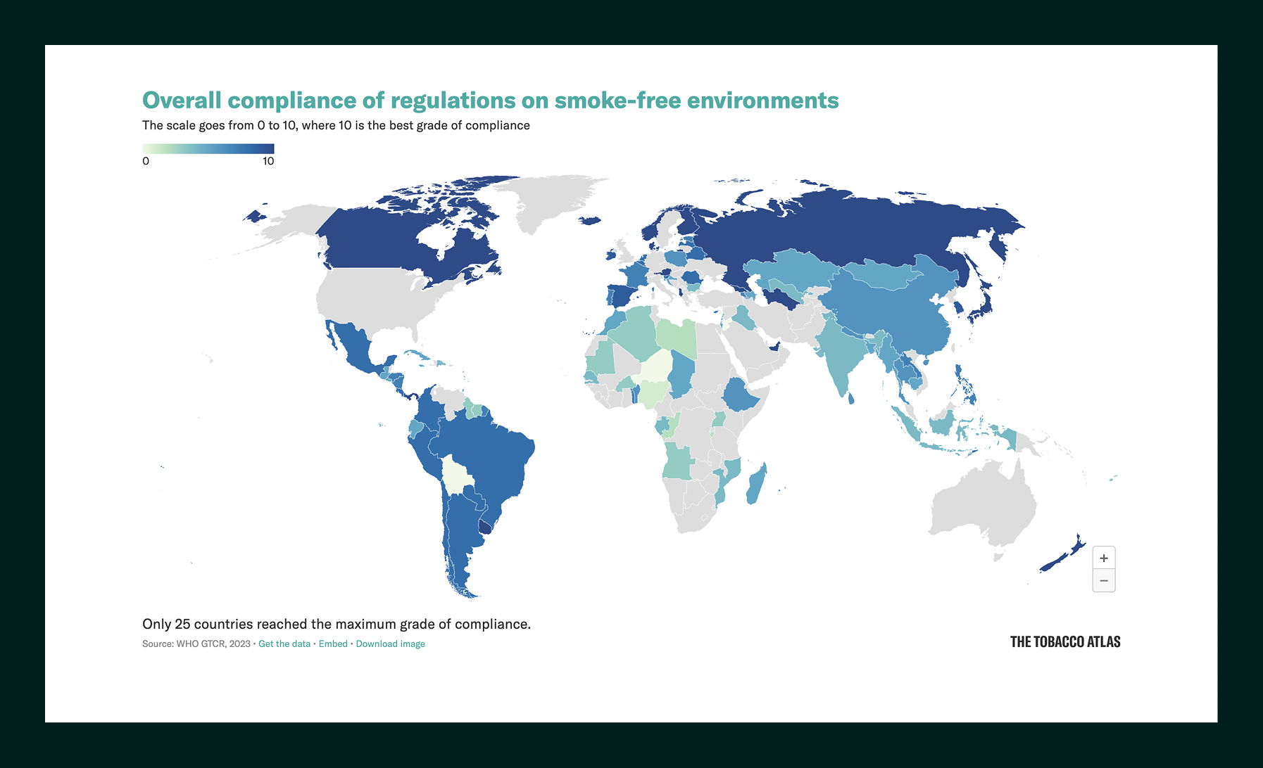 World map showing overall compliance of regulations on smoke-free environments by country, with a color scale from 0 to 10 indicating the grade of compliance.