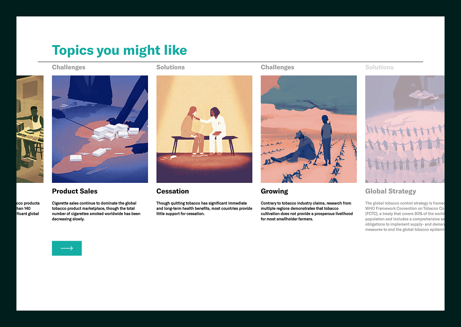 Illustrated images paired with text blocks on tobacco-related topics including Challenges and Solutions for Product Sales, Cessation, Growing, and Global Strategy.