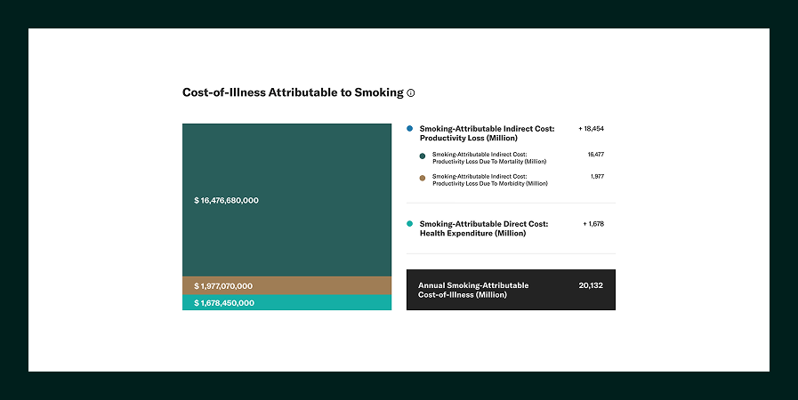 Bar chart showing cost-of-illness attributable to smoking with productivity loss due to mortality at $16,476,680,000, morbidity at $1,977,070,000, health expenditure at $1,678,450,000, totaling $20,132 million annually.