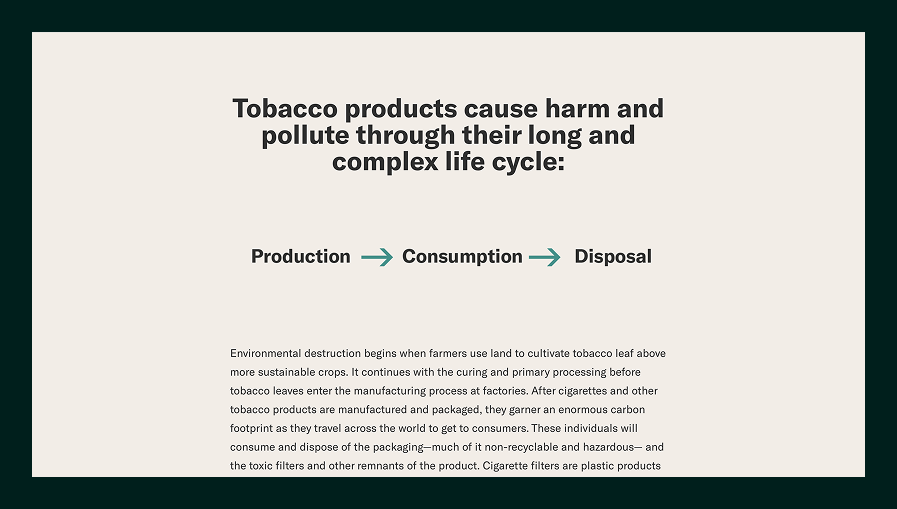 Text explaining that tobacco products cause harm and pollution through their life cycle: production, consumption, and disposal, with detailed environmental impact description.