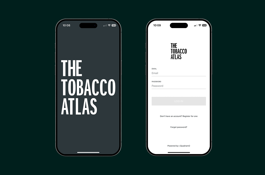 Two smartphones showing The Tobacco Atlas app: the left screen displays the app's title in large white text on a dark background, the right screen shows a login page with fields for email and password, a disabled log in button, and options for account registration and password recovery.