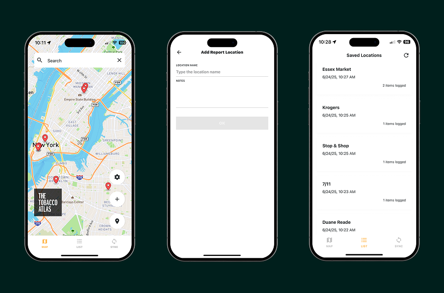 Three smartphone screens showing a location-based app: a map with pins for tobacco shops in New York, a form to add report location with fields for name and notes, and a saved locations list with names and timestamps.
