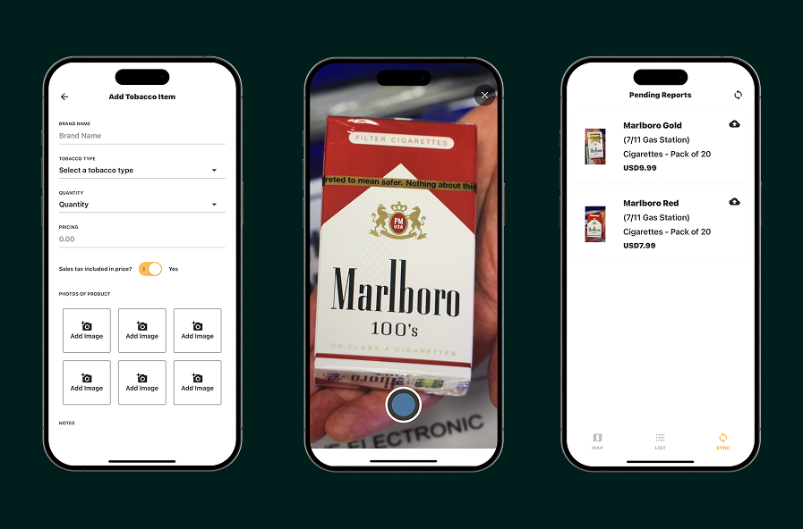 Three smartphones display a tobacco tracking app showing: form to add tobacco item on left, photo of Marlboro 100's cigarettes pack in center, and pending reports list with Marlboro Gold and Marlboro Red on right.