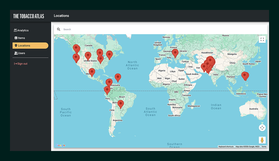 Map interface titled The Tobacco Atlas showing red location markers across North America, South America, Europe, and Asia.