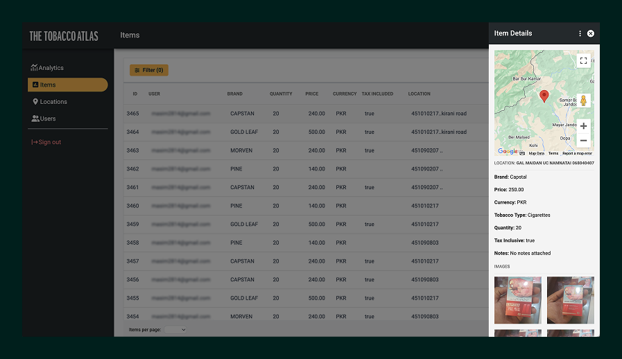 Dashboard interface showing a list of tobacco product items with details like ID, user email, brand, quantity, price, currency, tax inclusion, and location, alongside a map and item details panel.