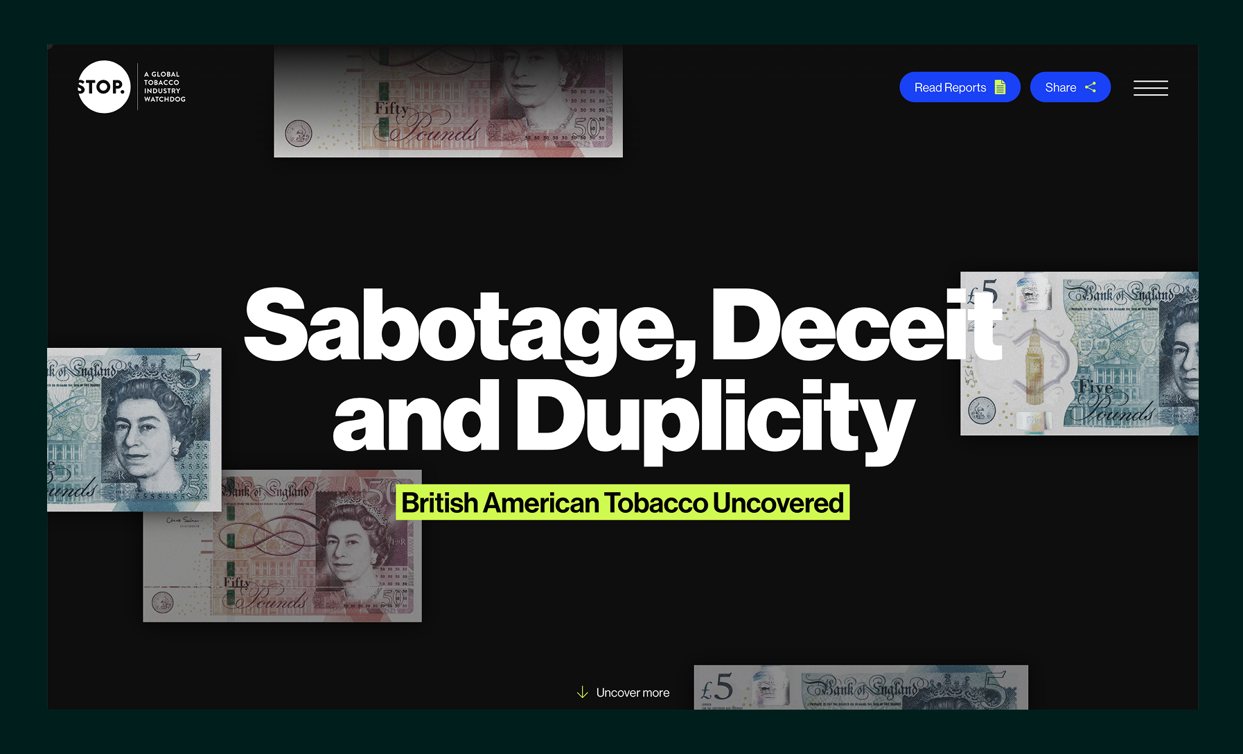 Website header with text 'Sabotage, Deceit and Duplicity' and highlighted 'British American Tobacco Uncovered' surrounded by images of British five and fifty pound notes.