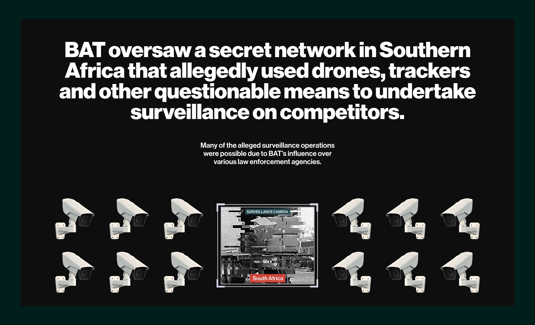 Text stating BAT oversaw a secret Southern Africa network using drones, trackers, and surveillance, with a pixelated surveillance camera image labeled South Africa surrounded by multiple cameras.