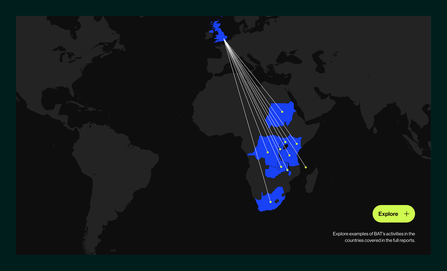 Map showing connections from the United Kingdom to several countries in Africa highlighted in blue, with white lines linking the UK to marked points in Africa.