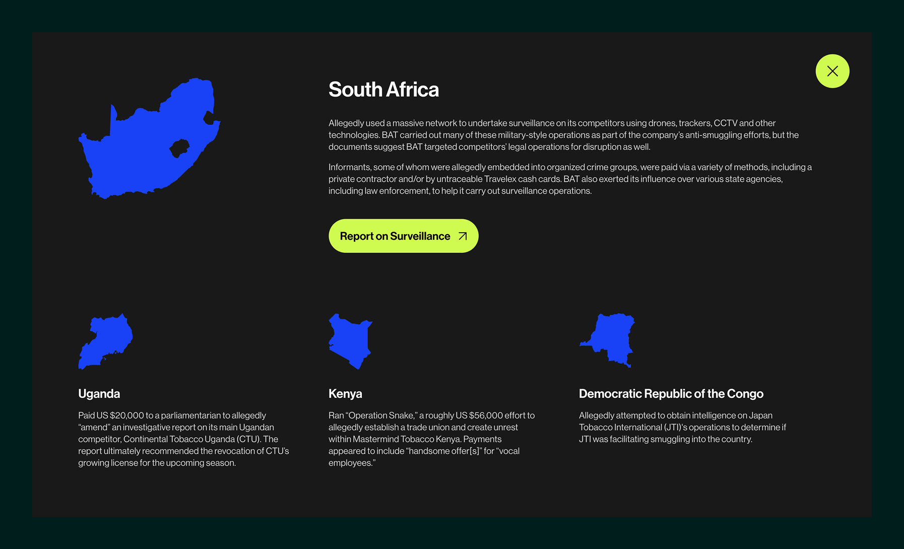 Infographic showing allegations of surveillance and interference by BAT in South Africa, Uganda, Kenya, and Democratic Republic of the Congo with blue country maps and descriptive text.