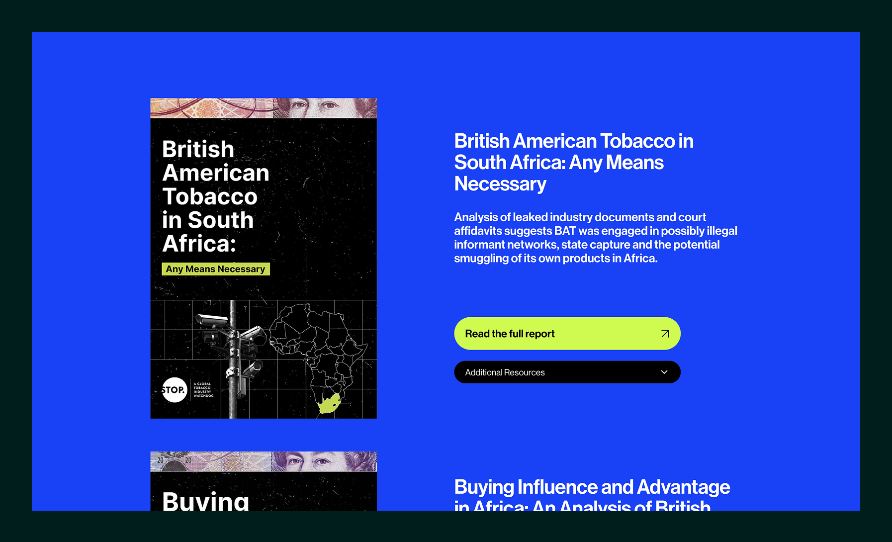 Report cover titled 'British American Tobacco in South Africa: Any Means Necessary' with a map of Africa highlighting South Africa and surveillance cameras, alongside a summary of leaked documents exposing BAT's illegal activities.