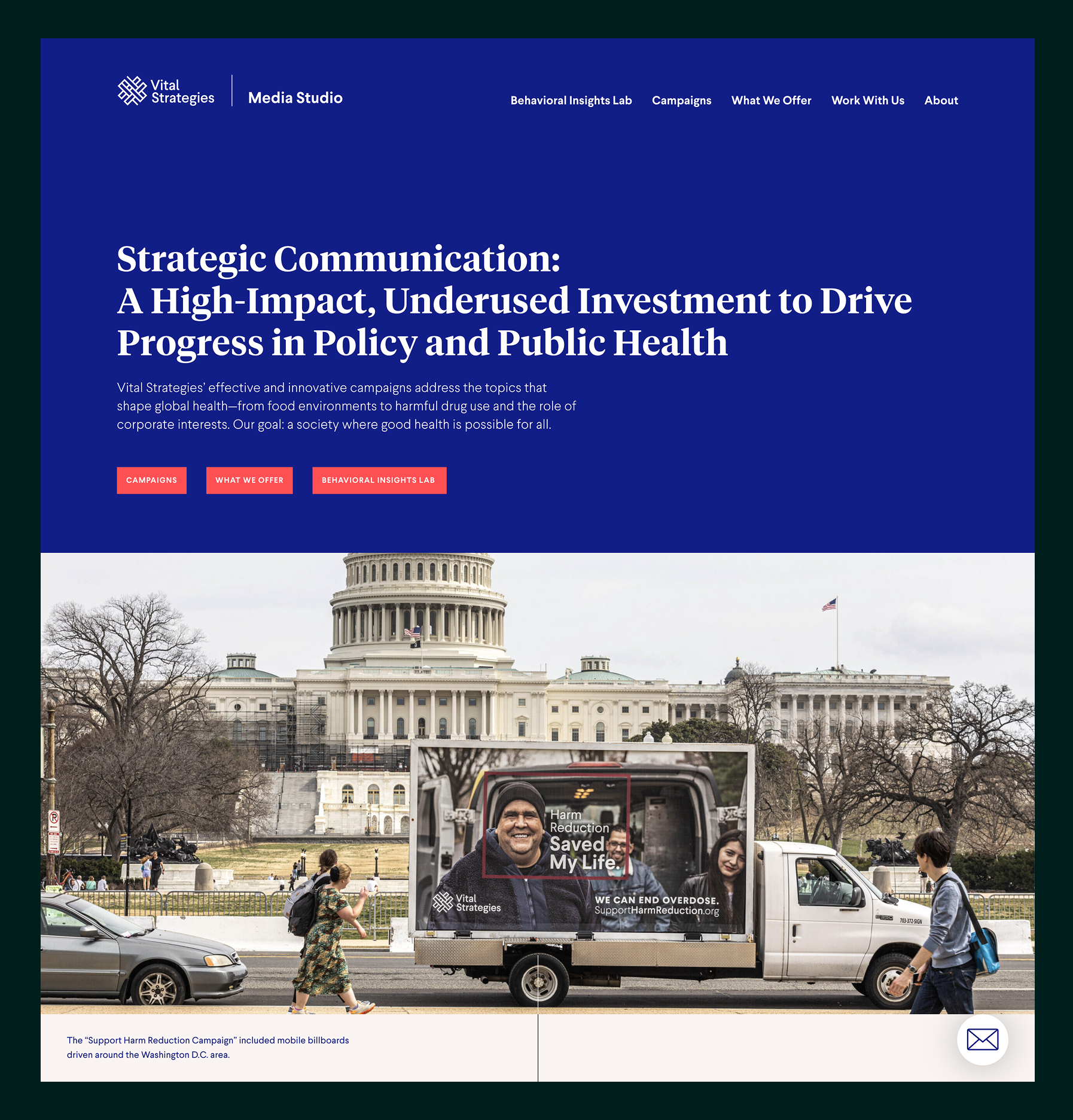 Website header with title about strategic communication in public health, featuring a mobile billboard with 'Harm Reduction Saved My Life' outside the U.S. Capitol building.