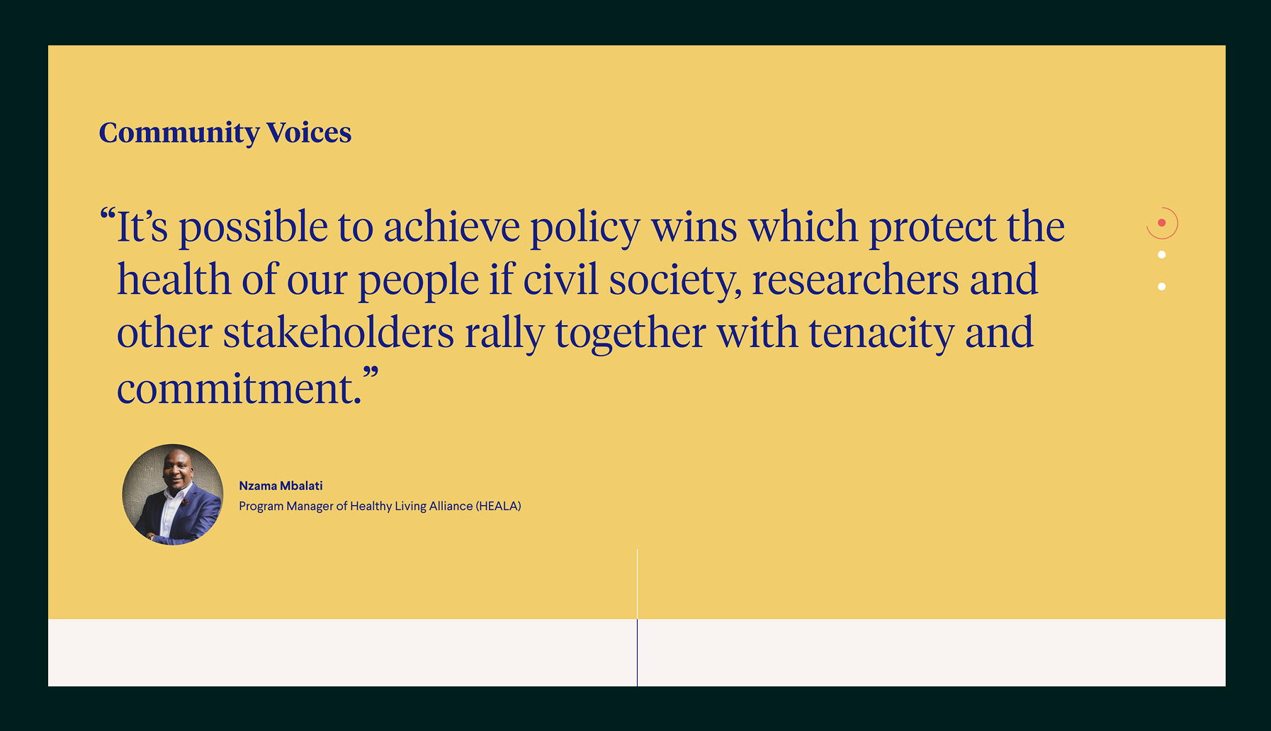 Quote from Nzama Mbalati, Program Manager of Healthy Living Alliance, about achieving policy wins to protect public health through collaboration with civil society, researchers, and stakeholders.