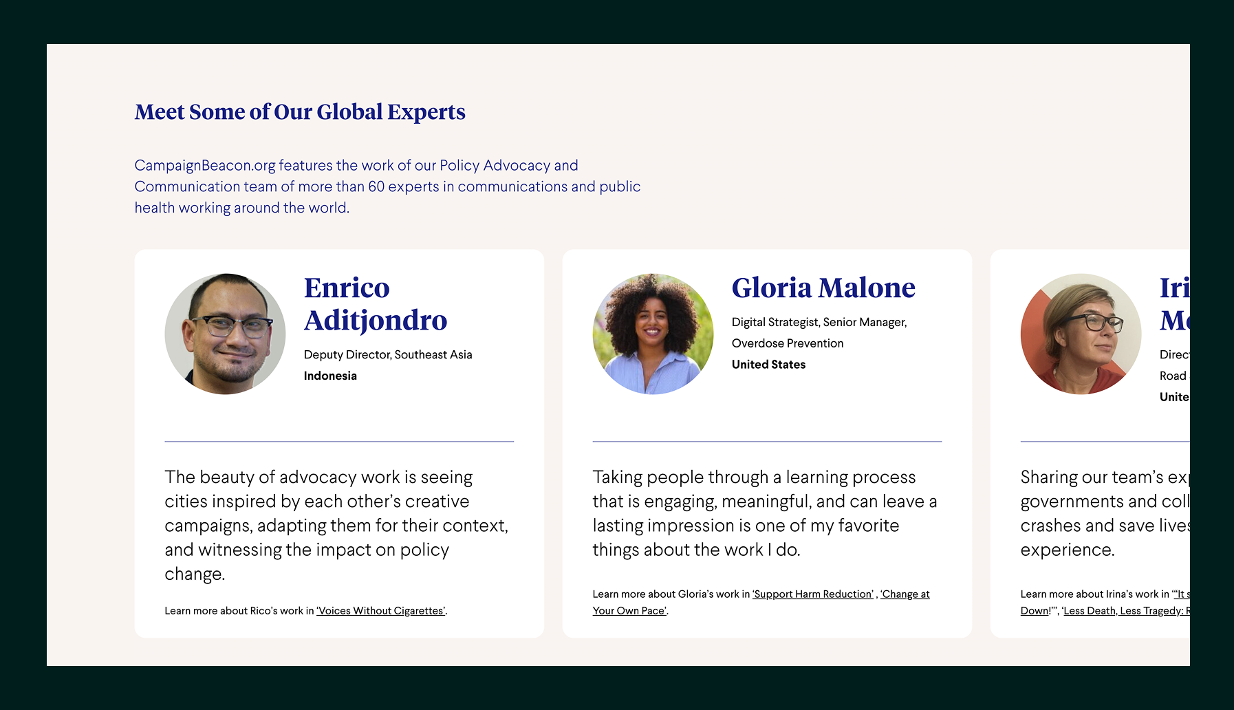 Profiles of global experts Enrico Aditjondro from Indonesia and Gloria Malone from the United States with their roles and personal advocacy quotes.