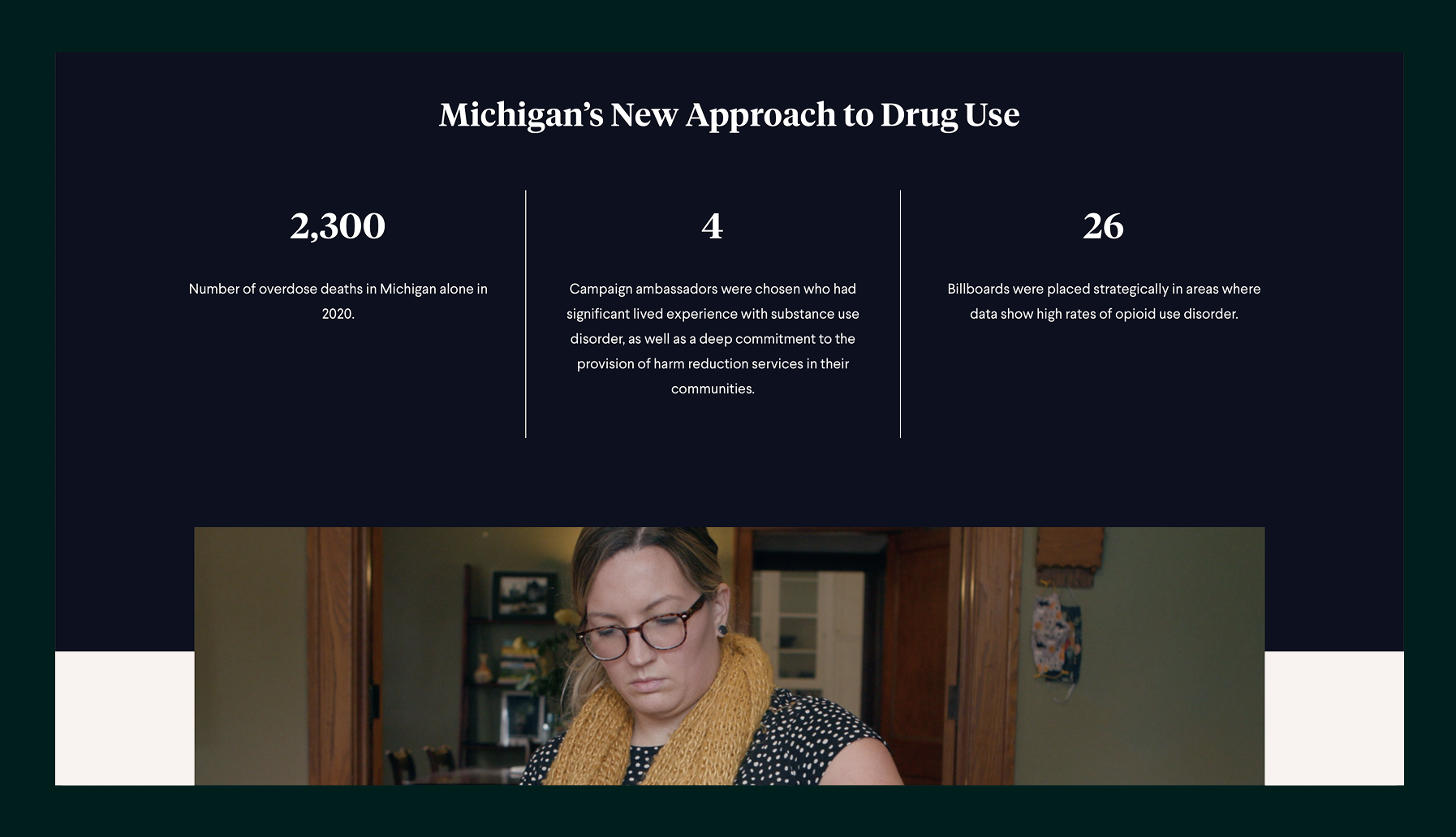 Infographic titled 'Michigan’s New Approach to Drug Use' with statistics: 2,300 overdose deaths in Michigan in 2020, 4 ambassadors chosen for harm reduction commitment, and 26 billboards placed in high opioid use areas.