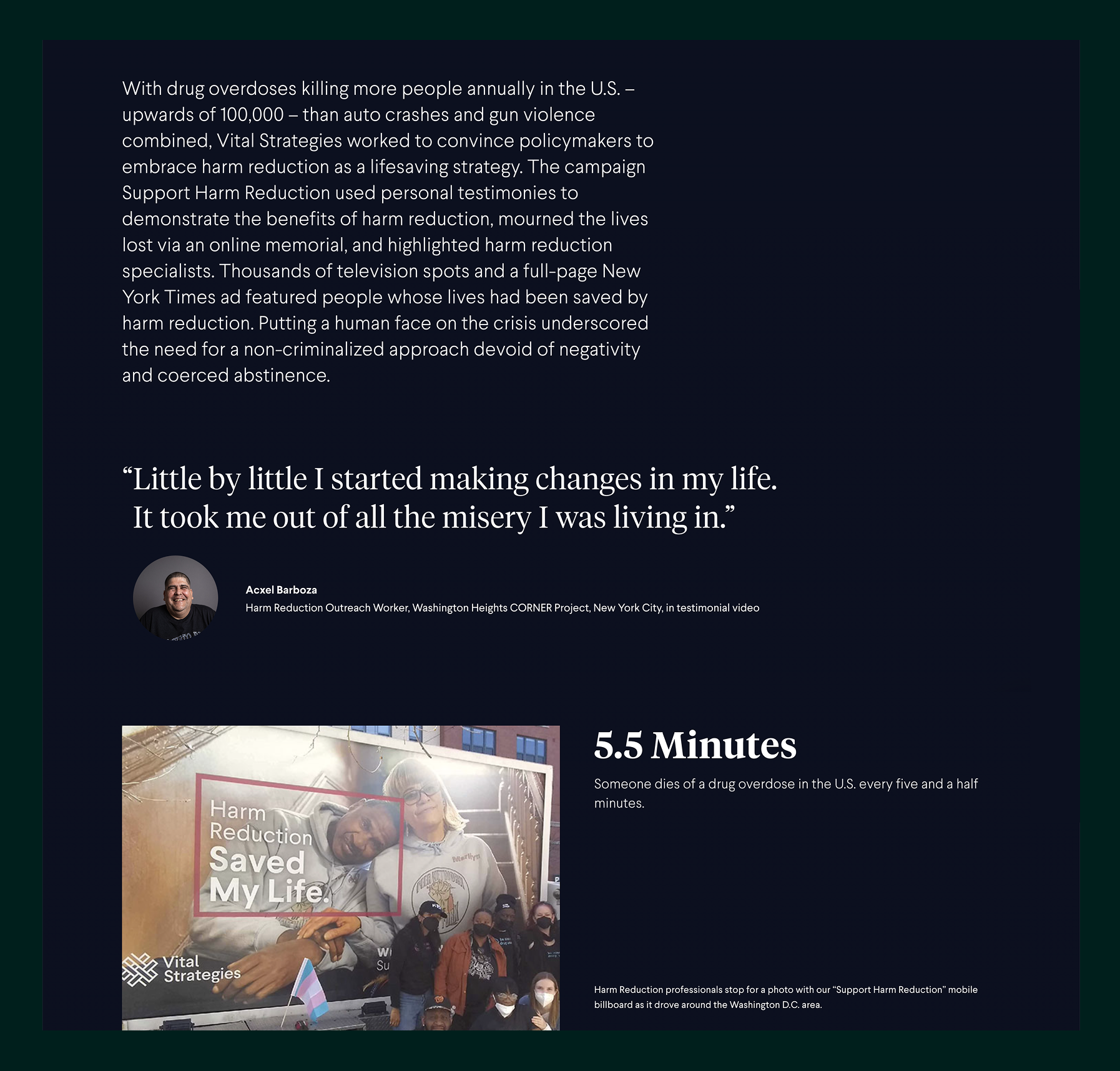 Text about drug overdose deaths in the U.S. and harm reduction, with a testimonial quote from Axcel Barboza, a photo of a 'Harm Reduction Saved My Life' billboard, and harm reduction professionals posing in front of it.