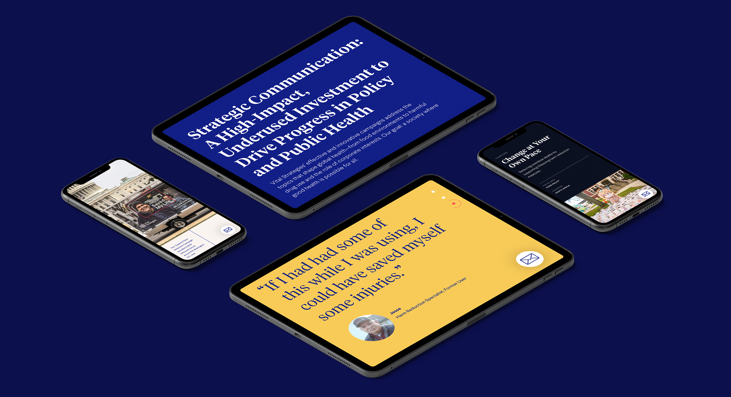 Four digital devices displaying health and public policy communication content, including a blue screen with strategic communication text, a yellow screen with a testimonial about injury prevention, and two smartphones showing related images and articles.