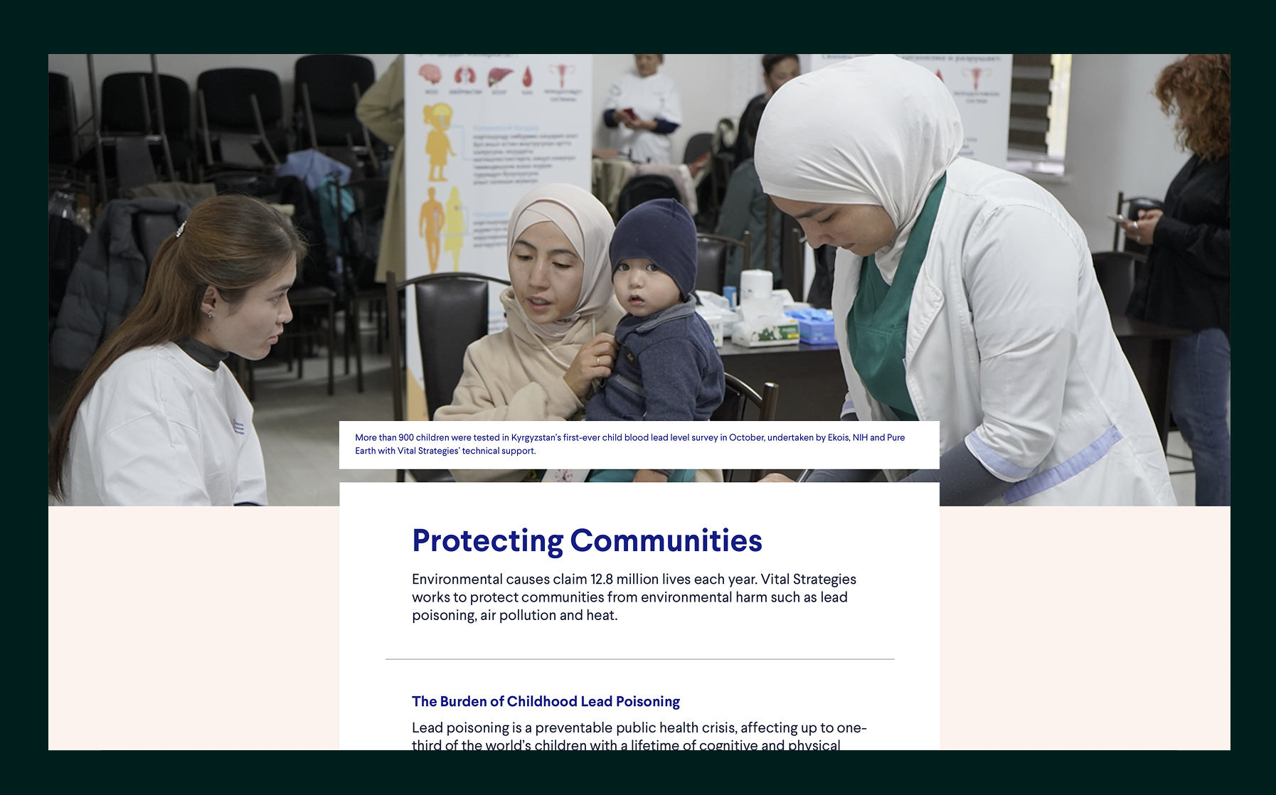 Healthcare workers in white coats examining a young child held by a woman wearing a headscarf in a clinical setting.