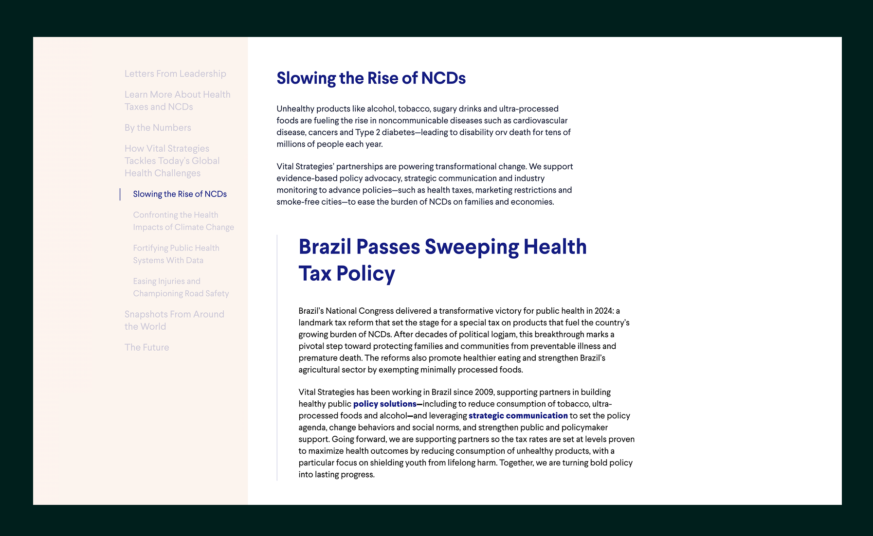 Webpage section discussing slowing the rise of noncommunicable diseases through policy advocacy, highlighting Brazil's 2024 health tax reform targeting unhealthy products.