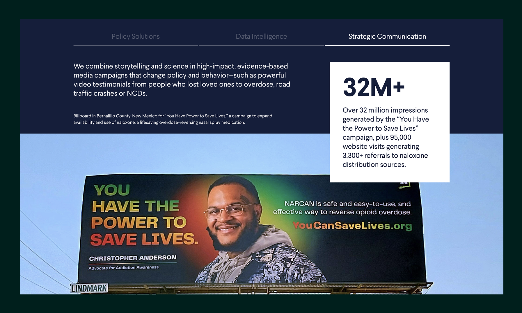 Billboard campaign featuring Christopher Anderson with text promoting naloxone overdose-reversing spray and the message 'You Have the Power to Save Lives.'
