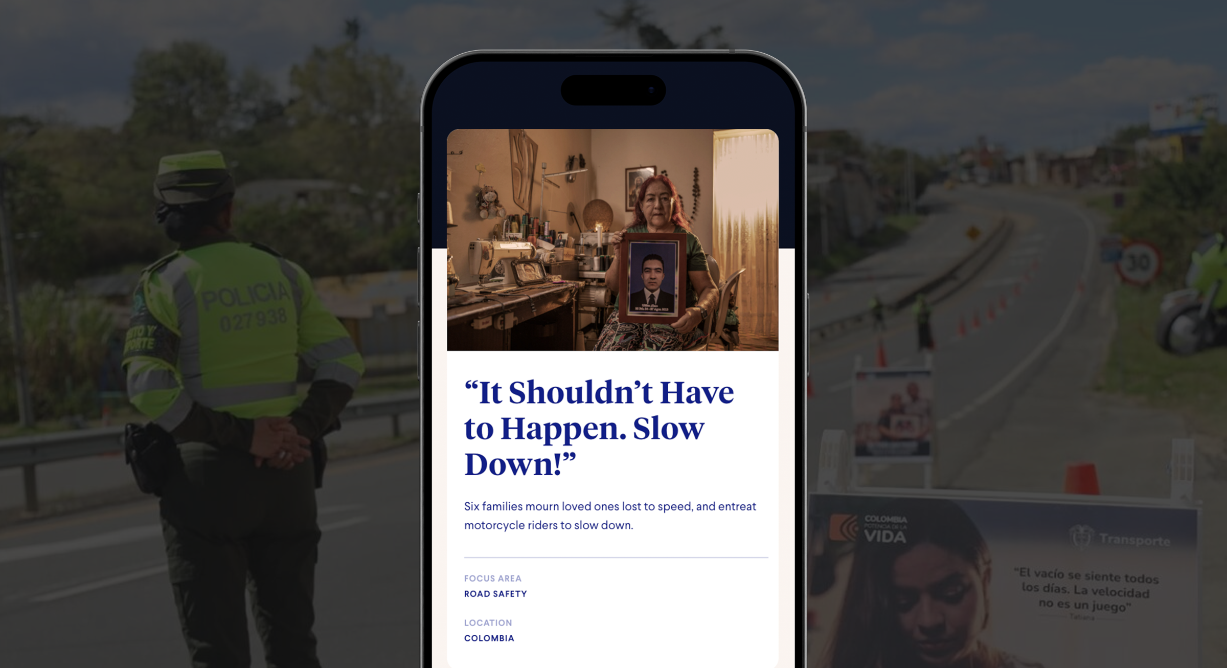 Four digital devices displaying health and public policy communication content, including a blue screen with strategic communication text, a yellow screen with a testimonial about injury prevention, and two smartphones showing related images and articles.