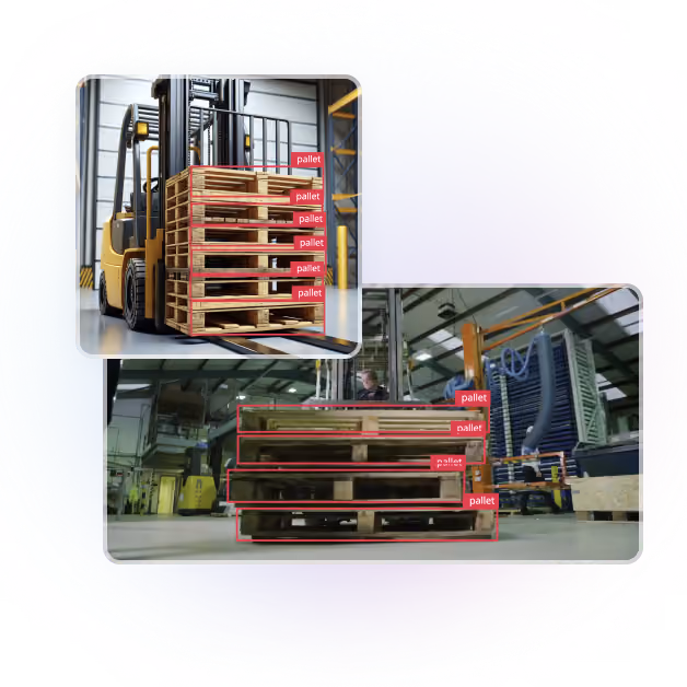Comparison of synthetic and real-world images with object detection bounding boxes labeling pallets—demonstrating Edge Impulse’s accuracy and flexibility for industrial AI applications.