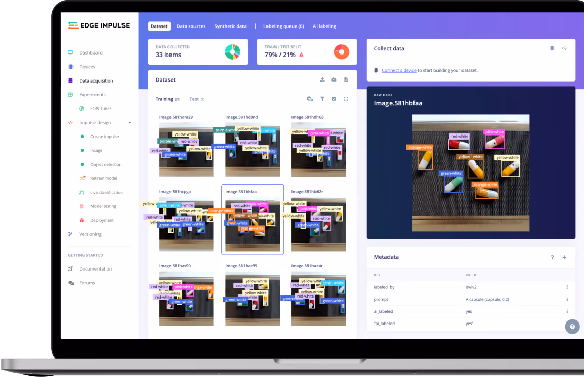 Edge Impulse dashboard displaying labeled capsule images for computer vision—enabling easy dataset management, visualization, and annotation for AI training.