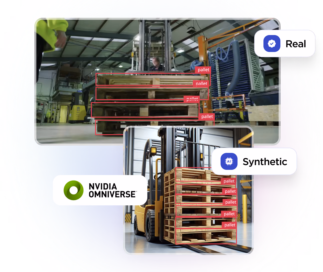 Side-by-side comparison of real and synthetic pallet detection images—demonstrating how NVIDIA Omniverse Replicator and Edge Impulse simulate real-world environments with photorealistic accuracy.