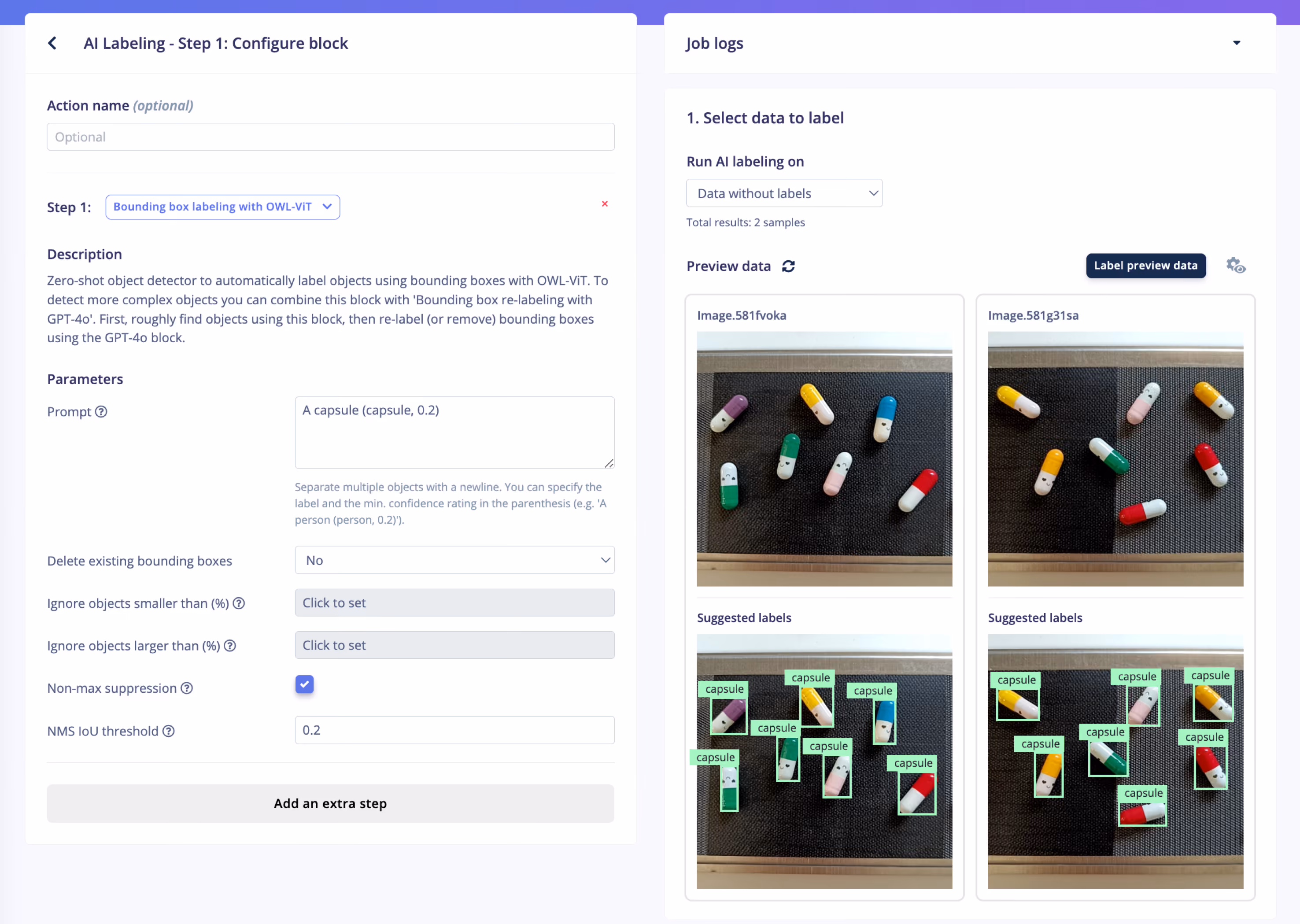 Edge Impulse AI Labeling interface using OWL-ViT to automatically detect and label capsules in images—streamlining annotation with GenAI-powered bounding boxes.