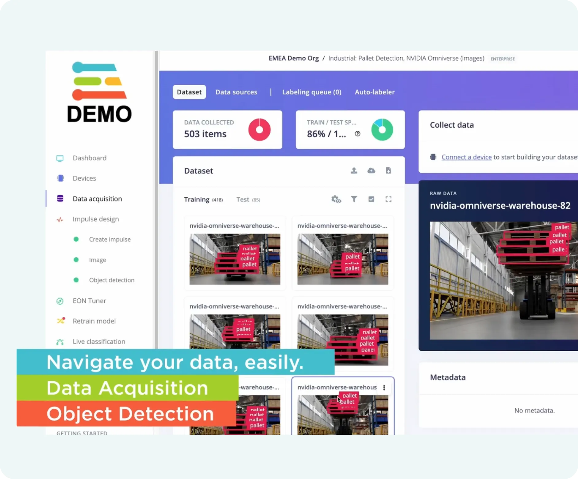 Edge Impulse demo interface showcasing object detection in an industrial setting—developers can easily navigate datasets, acquire data, and label images to power real‑world AI applications.