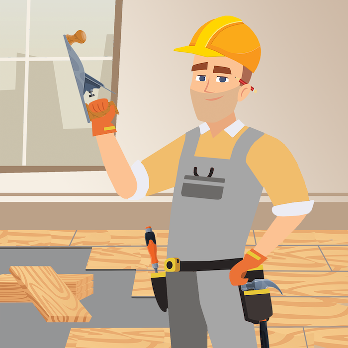 A flooring contractor holding a plane.