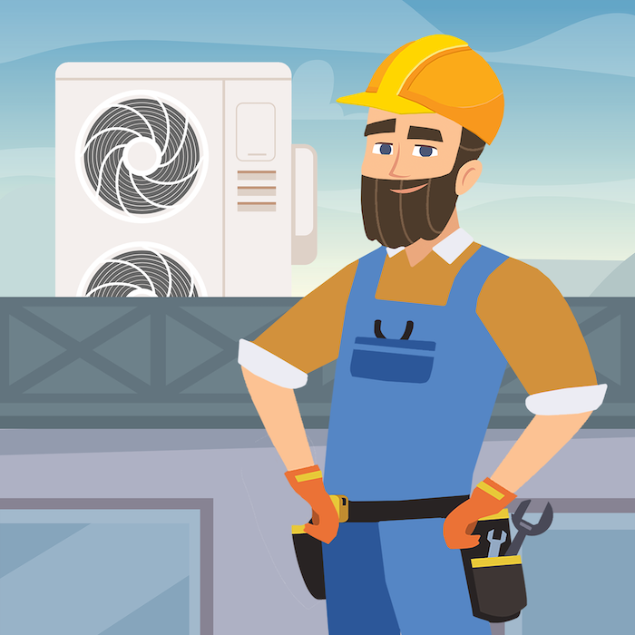 A HVAC contractor standing in front of an air-conditioning unit
